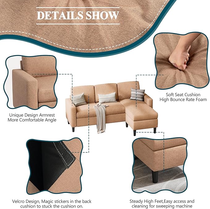 SUNLEI Sectional Sofa Couches for Living Room L Shaped Couch with Reversible Chaise Modern Linen Convertible Sectional Sofa for Small Space as Apartment Brown