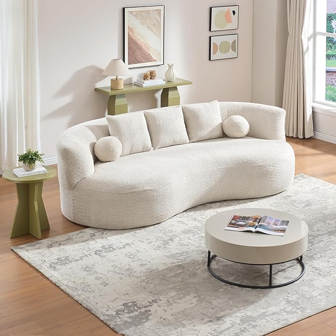 Christopher Knight Home Nomad Curved Sofa 90 Boucle Upholstered 3 Seater Couch with Decor Cushions Modern Cloud Couch with Deep Seat Fabric Upholstered Seating Set for Living Room Bedroom Beige