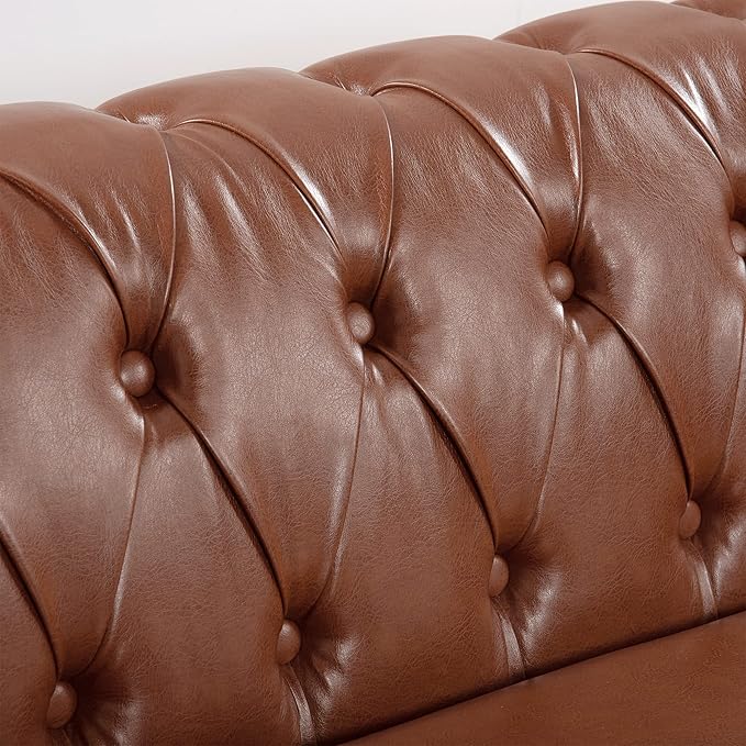 84.65''Chesterfield Sofa Mid Century Modern Tufted Sofas with Rolled Arms and Nailhead 3-Seat Upholstered Leather Sofa Couch with Solid Wood Legs for Living Room Office Brown PU