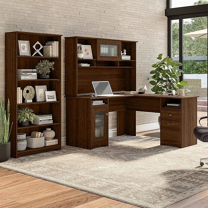 Bush Furniture Cabot 60W L Shaped Computer Desk with Hutch and 5 Shelf Bookcase in Modern Walnut