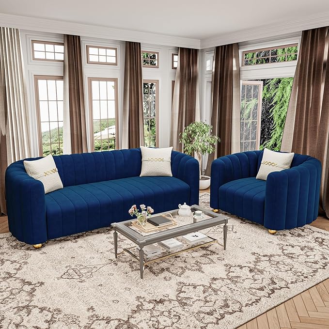 42 Velvet Sofa Chair for Living Room Modern Single Sofa with Gold Metal Sphere Legs (Blue-1 Seater)