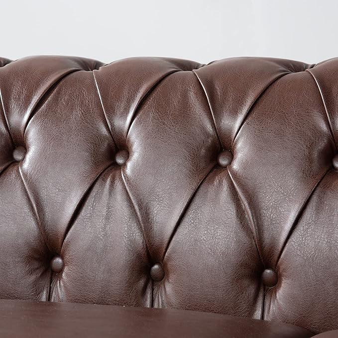 83.66''Chesterfield Sofa Mid Century Modern Tufted Sofas with Rolled Arms and Nailhead 3-Seat Upholstered Leather Sofa Couch with Solid Wood Legs for Living Room Office Dark Brown PU