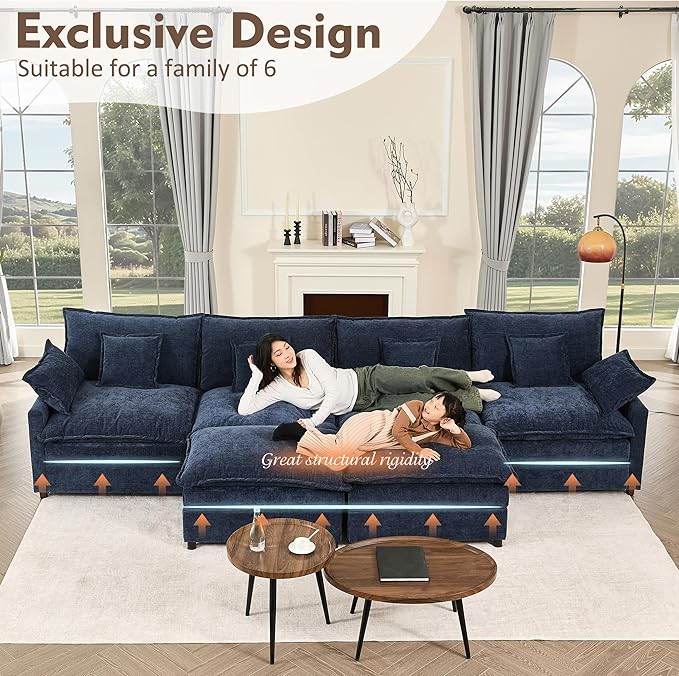142.5 U Shaped Couch Modular Sectional Sofa 3-Seater Comfy Cloud Couch Set of Modular Pieces with Movable Ottoman Deep Seat Couches for Living Room Chenille Navy