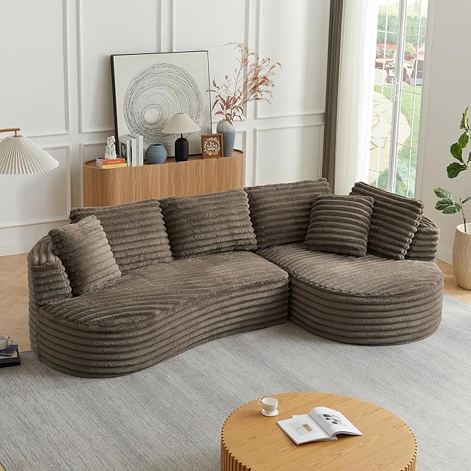 Modern Curved Boneless Sectional Sofa Oversized Minimalist L-Shape Corduroy Sponge Sofa with Round Chaise Comfy Sleeper Couch for Living Room Apartment Reception Spaces 4 Seat Brown Right Chaise