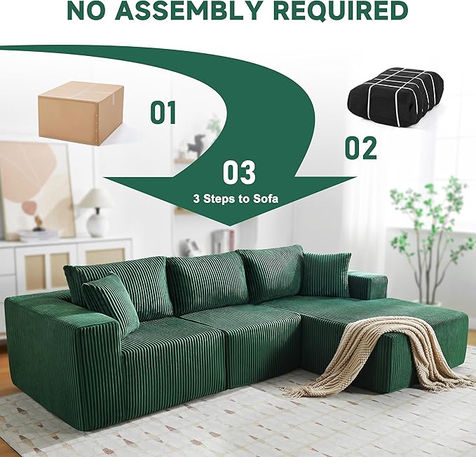HUATEAN 108” Modular Sectional Sofa Cloud Sectional Couch with Deep Seat Modern Modular L-Shape Sofa Couch with ChaiseUpholstered Couches for Living Room Bedroom (Corduroy Green)