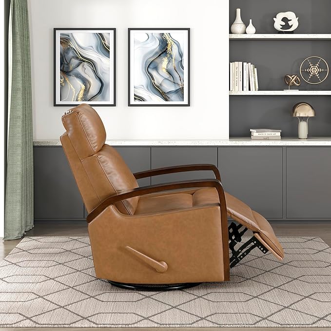 Lexicon 360 Degree Swivel Glider Reclining Chair Breathable Faux Leather Manual Recliner Comfy Nursery Glider Recliner Wood Arms Pull Handle for Living Room/Office/Bedroom/Apartment Camel Brown