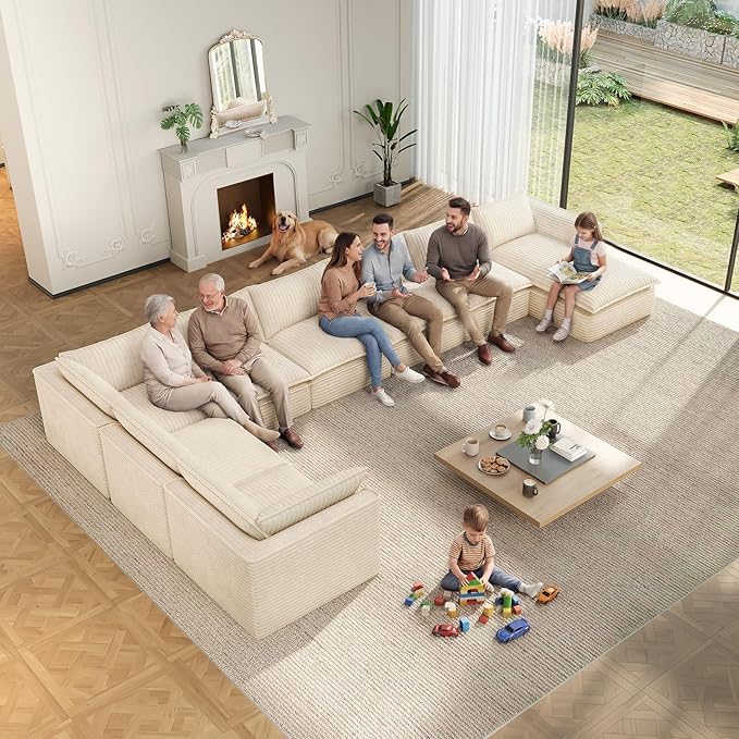 Vesgantti 141.7 Oversized Sectional Boneless Couch Modern 7 Seater Modular Sofa with Chaise &amp Ottoman Deep Seat Plush Corduroy Cloud Couches for Living Room No Assembly Required Beige