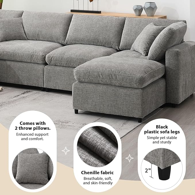 130-Inch Sectional Modular Cloud Sofa Couch Oversized 6 Seat Upholstered Chenille U Shaped Sofa Couches with Movable Ottoman 2 Throw Pillows for Living RoomOffice