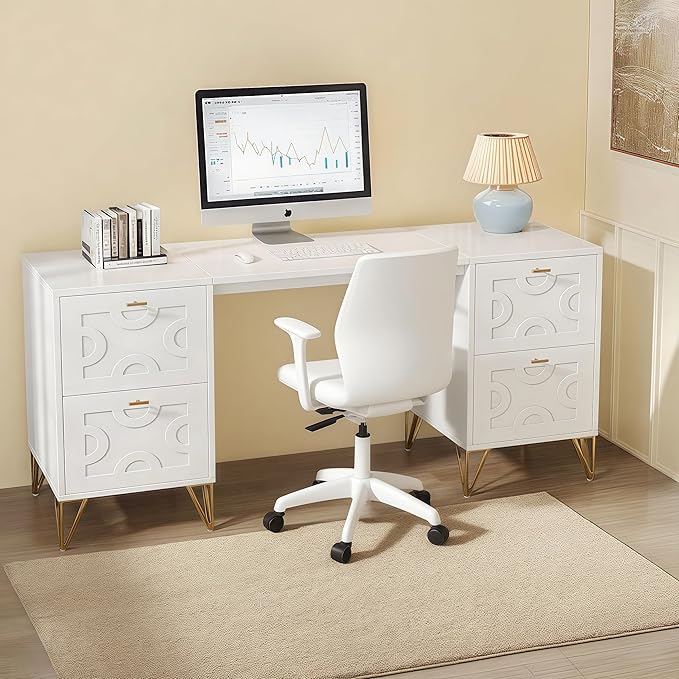 Tribesigns White and Gold Computer Desk 59'' Modern Writing Table with File Drawers Luxury Home Office Executive Desk with Gold Metal Legs for Work or Vanity Use