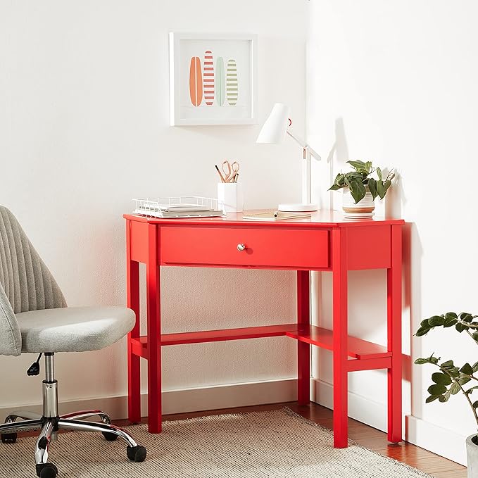 Target Marketing Systems Ellen Corner Desk with One Drawer and One Storage Shelf For Living Room Bedroom or Home Office Small Computer Table 42W x 30H Red