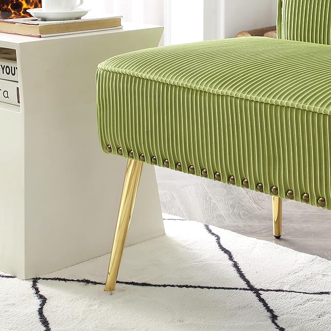Modern Upholstered Pleated Velvet Accent Chair Tufted Dining Office Chairs Armless Slipper Chair Mid Century Side Chair Single Luxury Sofa Chair with Golden Legs for Living Room Small SpaceGreen