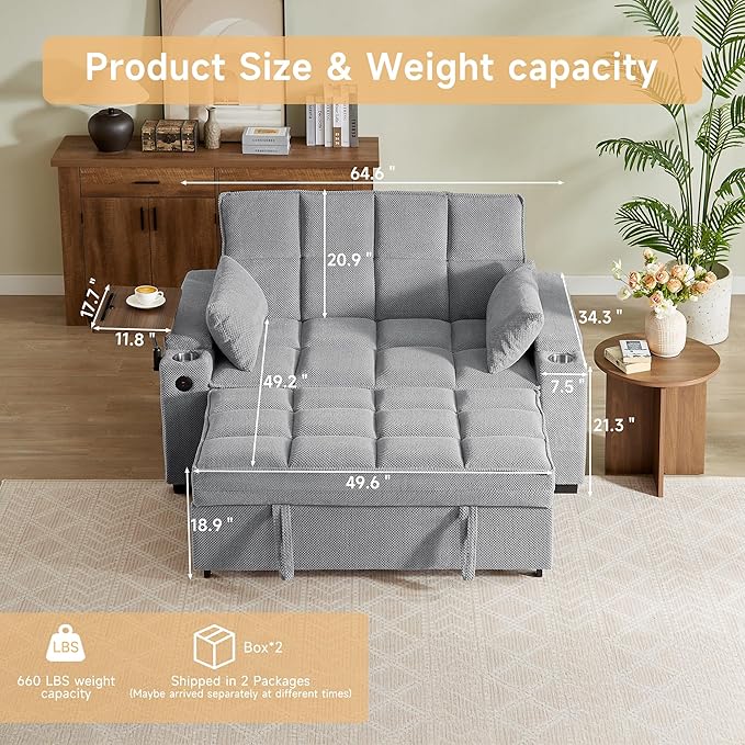 65'' Chaise Lounge Chair Indoor 3-in-1 Convertible Sofa Bed with Pull-Out Design 360° Swivel Side Table Modern Granular Velvet Couch Bed for Living Room Small Space &amp Apartment-Friendly