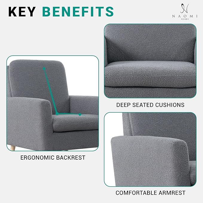 Naomi Home Frida Modern Accent Chair with Plush Fabric Ergonomic Indoor Lounge Chair Comfy Arm Chair for Bedroom &amp Living Room Chairs with Oak Legs and Thick Cushioning