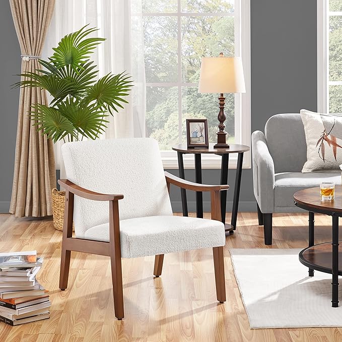 Yaheetech Fabric Accent Chair Mid-Century Modern Armchair with Solid Wood Legs Reading Leisure Chair with High Back for Living Room Bedroom Waiting RoomIvory