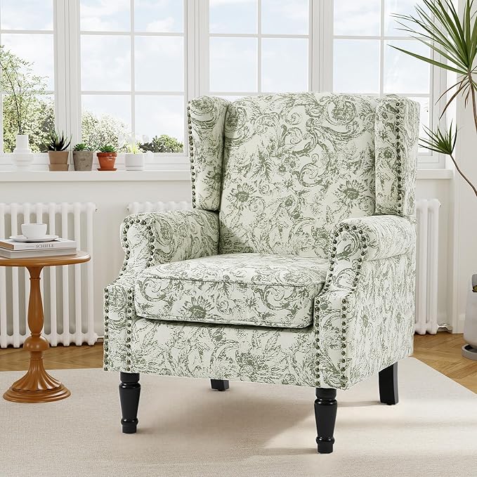 Floral High Back Accent Chair Upholstered Armchair with Solid Wood Legs Comfy Wingback Reading Single Sofa Chair for Small Spaces Living Room Bedroom(Floral Rococo Green Set of 1)