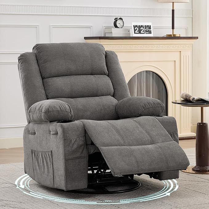 360° Swivel Recliner Chair for Adult Linen Rocker Chair with 3 Positions/2 Side Pockets/Cup Holders Manual Nursery Glider Rocking Chair for Bedroom Living Room Office