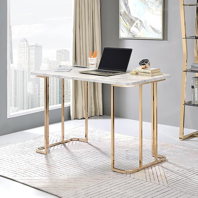 HOMES: Inside + Out Sevehills Modern Metal 48 in. Writing Desk with USB Port for Home Office White and Gold