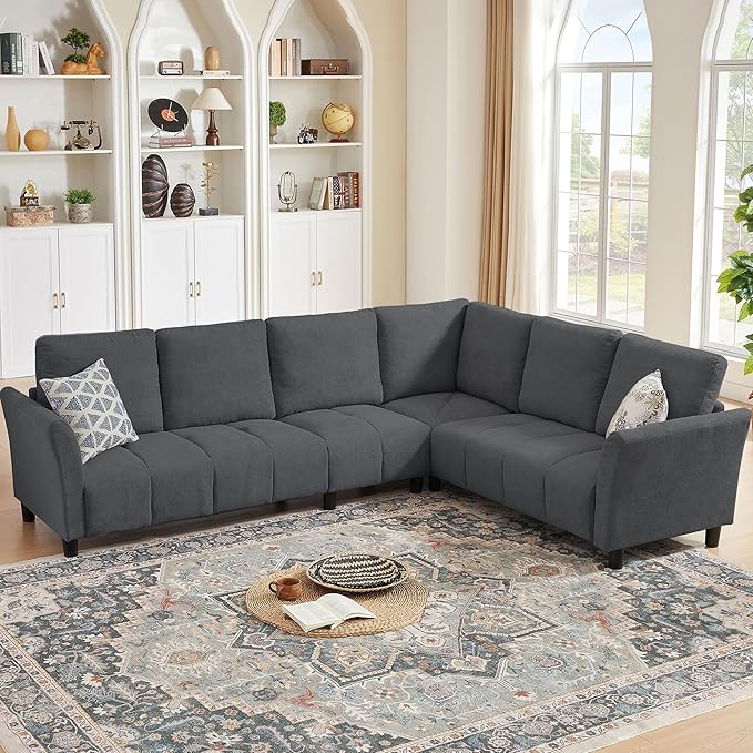 Modular Sectional Sofa Couch Modern Linen L Shaped Couch Chaises 6-Seater Convertible Sofa for Living Room Apartment Dark Grey