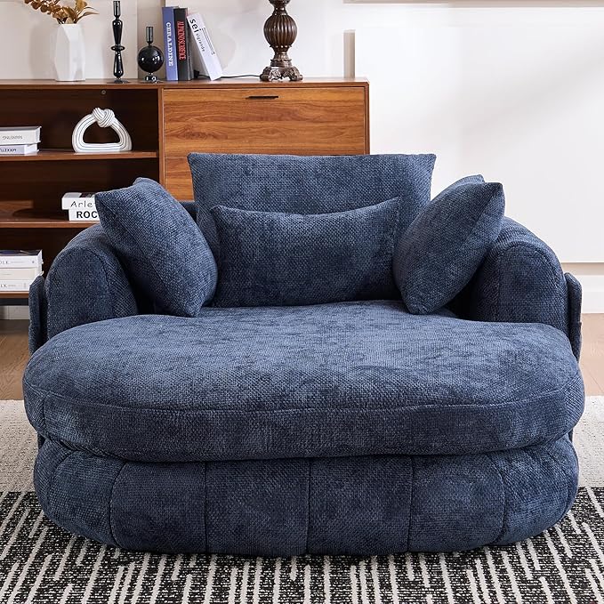 Oversized Chaise Lounge Indoor Deep Seat Boneless Sofa Bed with Throw Pillows Plush Chenille Fabric No Assembly Required Comfy Sleeper Sofa for Living Room Bedroom (Blue with Pocket)