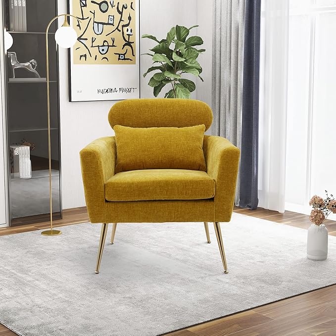 29.5 W Modern Chenille Accent Chair Armchair Upholstered Reading Chair Single Sofa Leisure Club Chair with Gold Metal Leg and Throw Pillow for Living Room Bedroom Dorm Room Office Mustard Chenille