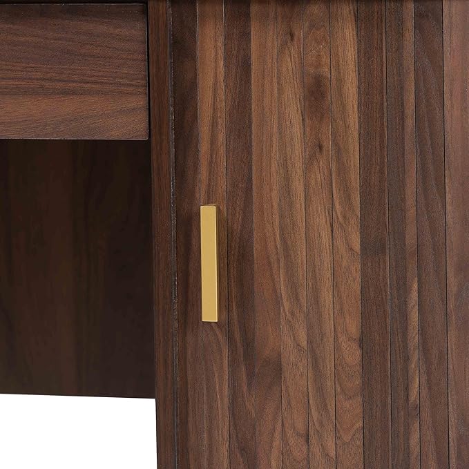 Baxton Studio Hayes Wood Writing Desk - Mid-Century Modern Oval Desk with Locking Drawer and Sliding Tambour Doors for Office or Home