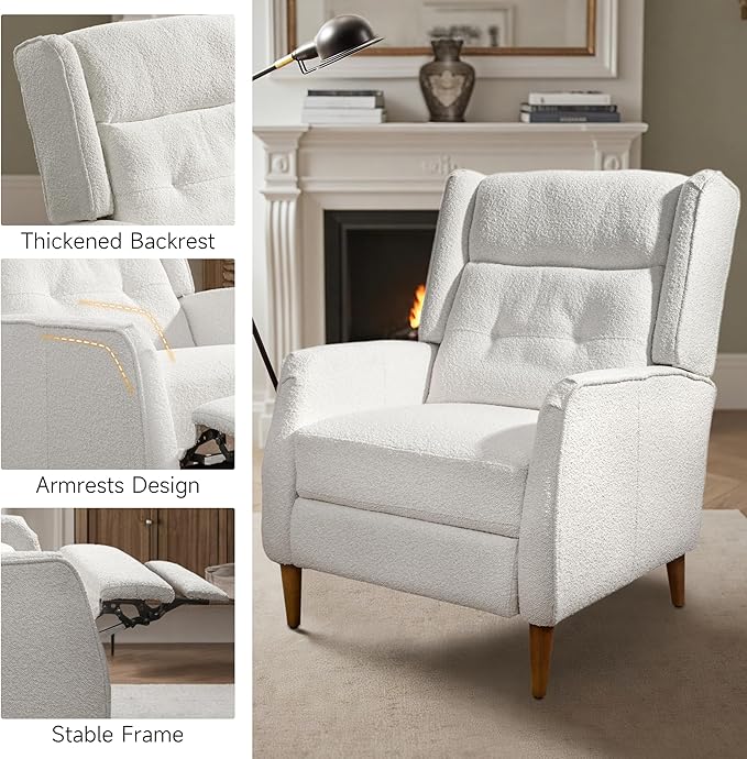 Fat Ant Wingback Pushback Recliner Chair Modern Upholstered Living Room Chair Fabric Single Sofa Recliner Seat Club Chair Home Theater Seating for Living Room Bedroom Off White