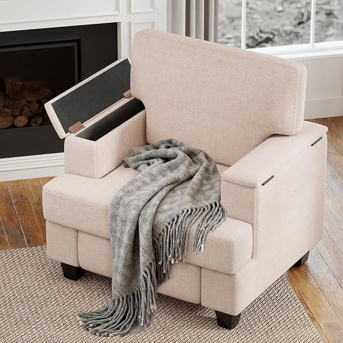 Furniliving Modern Oversized Accent Sofa Chair Comfortable Living Room Lounge Armchair with Storage Armrest Upholstered Reading Gaming Chair for Apartment Living Room Bedroom Beige