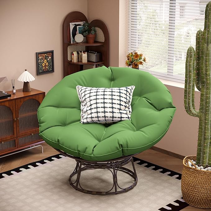 46'' Large Size Papasan Chair (Non-Swivel) with Cushion and Frame Lazy Chair for Living Room and Bedroom Green