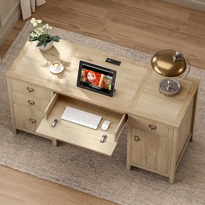 Farmhouse Wood Home Office Desk 59 Executive Desk Computer Desk with File Drawer Charging Station and Storage Cabinet for Writing Study Light Oak