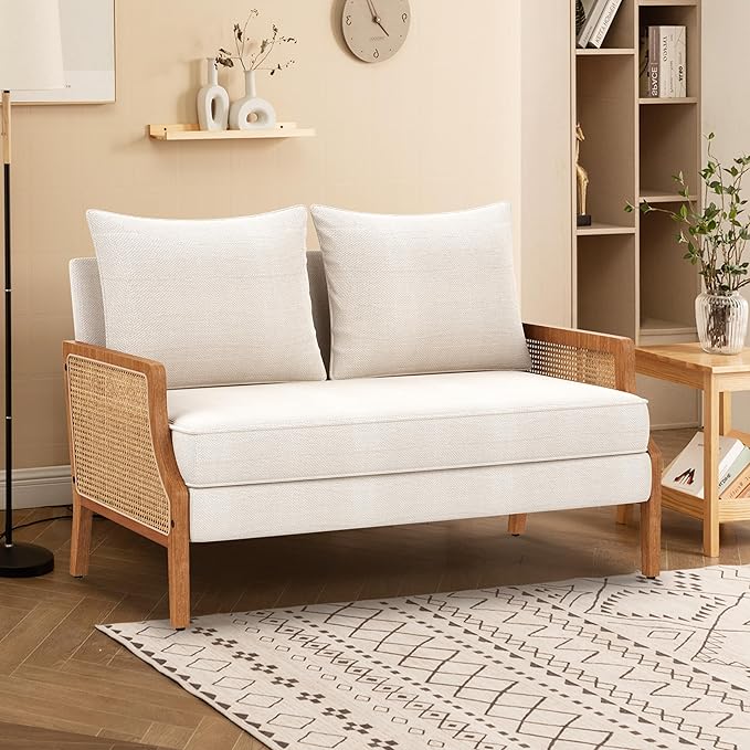 Aklaus 45 W Fabric Small Beige loveseat with Natural Rattan ArmsUpholstered Modern Mini Sofa Linen Couch Love Seat Settee Bench with Back for Living Room Bedroom Office Small Space Entryway Ivy