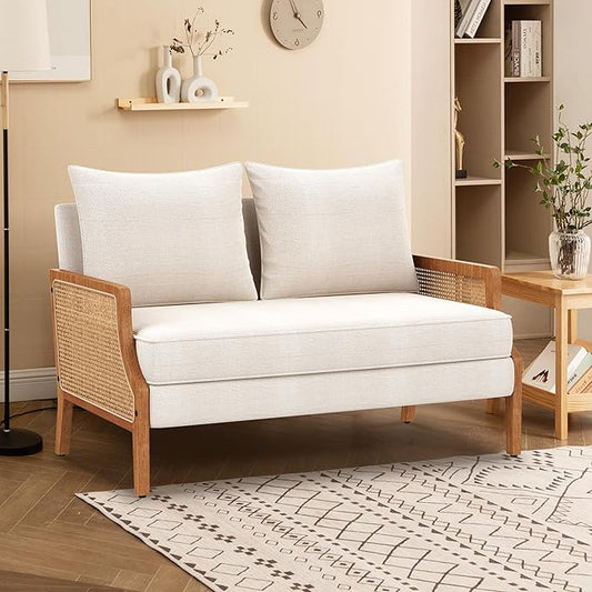 Aklaus 45 W Fabric Small Beige loveseat with Natural Rattan ArmsUpholstered Modern Mini Sofa Linen Couch Love Seat Settee Bench with Back for Living Room Bedroom Office Small Space Entryway Ivy