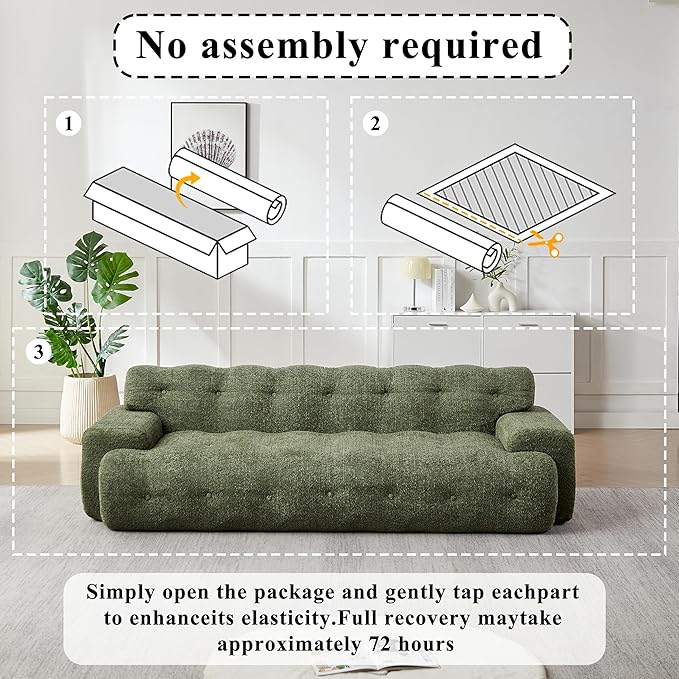 KEIKI 87.4 Cloud Couch Oversized 3 Seat Sofa with Button-Tufted Square Arm Deep Seat Chenille Seat for Living Room Guest Bedroom No Assembly Required Green