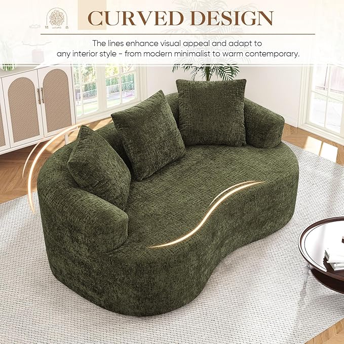 60 Curved Sectional Sofa for Small Spaces - Plush Chenille Modern Cloud Loveseat with Pocket Springs &amp Memory Foam Boneless Floor Couch for Living Room 27.6 Extra Deep Seat No Assembly (Green
