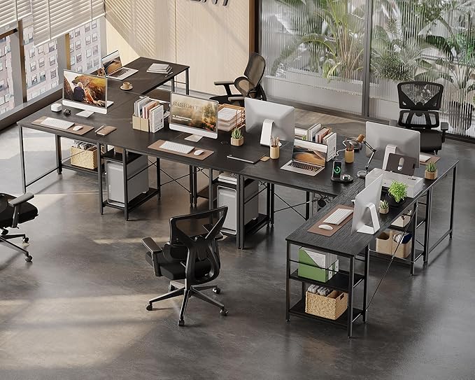 Bestier 95.2” L Shaped Desk Reversible Corner Computer Desk or 2 Person Long Table with Adjustable Shelves Large Writing Study Workstation with 3 Cable Holes - Black