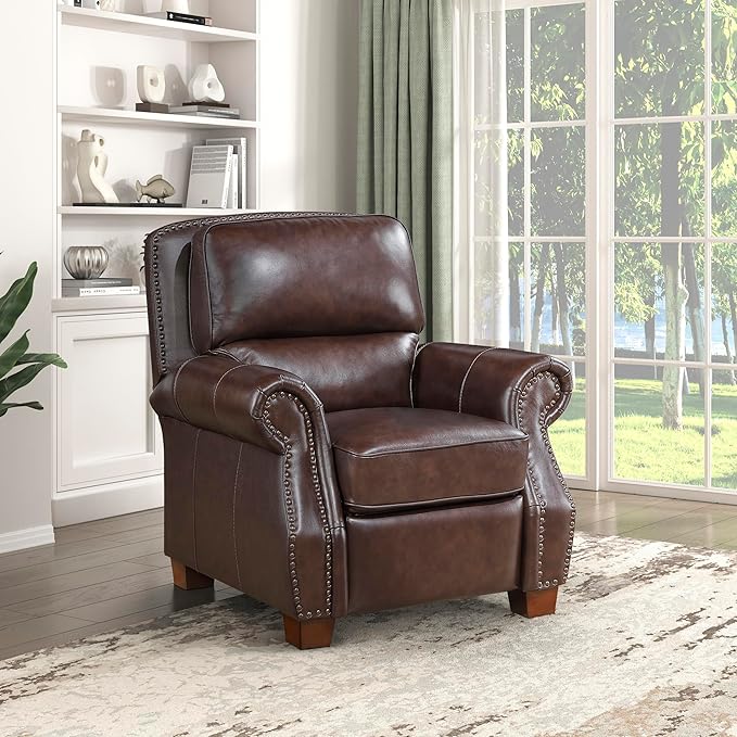 Lexicon Push Back Reclining Chair Top Grain Leather Match Push Back Recliner Chair with Nailhead Trim Rolled Arms Solid Wood Legs for Living Room/Apartment/Office Easy Assembly Brown