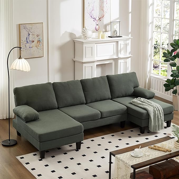U Shaped Sectional Couches for Living Room 106.3 Modular Sofa with Double Chaises 4-Seater Sofa with Memory Foam Cushions Comfy Sectional Couches for Apartment Reception Room Green