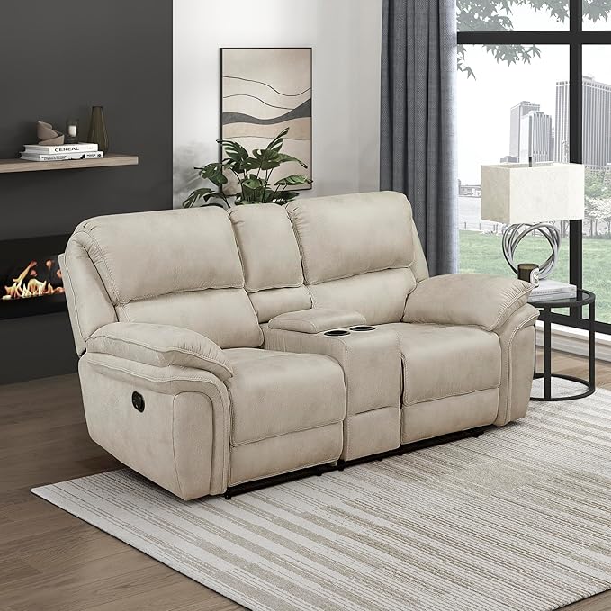 Lexicon Manual Double Reclining Loveseat with Center Console Polished Microfiber Wall Hugger Loveseat Recliner for Living Room Cup Holders Foam Over Pocket Coils Seats Pillow Top Arms Sand