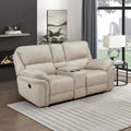 Lexicon Manual Double Reclining Loveseat with Center Console Polished Microfiber Wall Hugger Loveseat Recliner for Living Room Cup Holders Foam Over Pocket Coils Seats Pillow Top Arms Sand