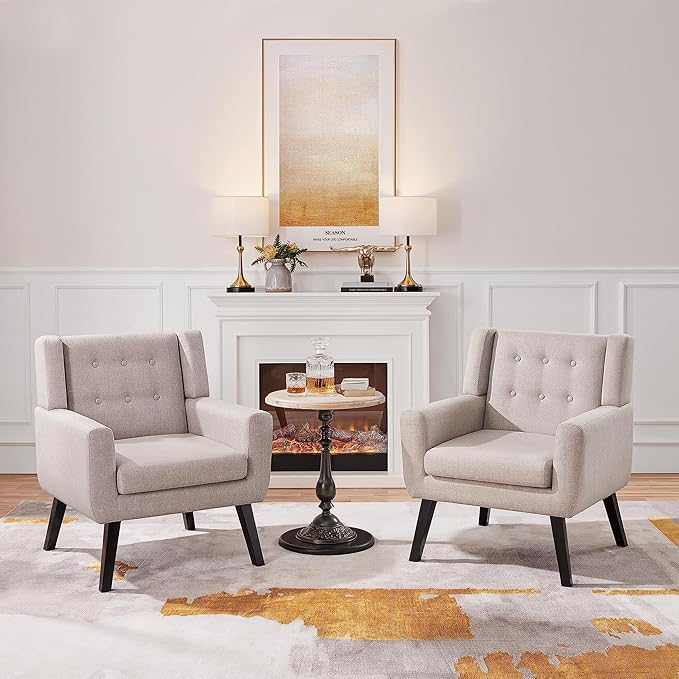 Yaheetech Accent Chair Modern Button Tufted Armchair Linen Fabric Sofa Chairs for Living Room Bedroom Mid-Century Comfy Reading Chair Beige