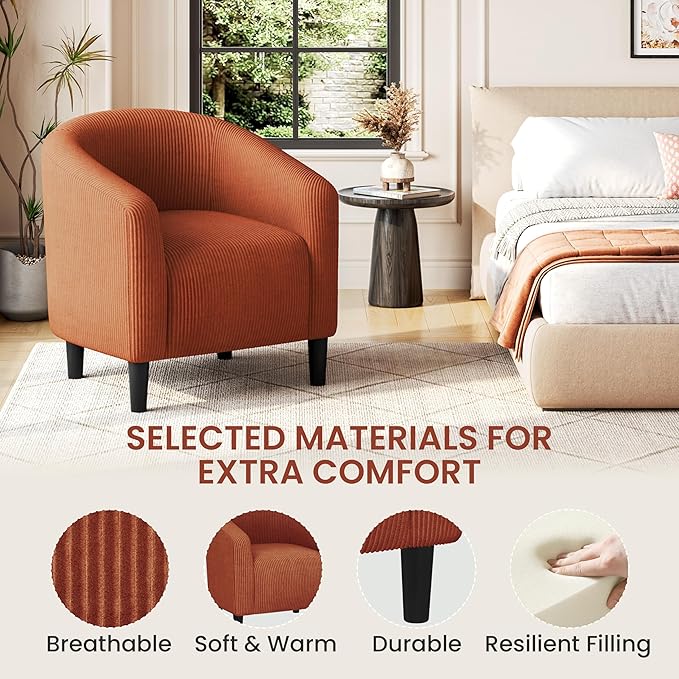Yaheetech Accent Barrel Chair Corduroy Fabric Club Chair Furry Sherpa Elegant Armchair with Cozy Soft Padded Suitable for Living Room Bedroom Reception Room Office Brick Red