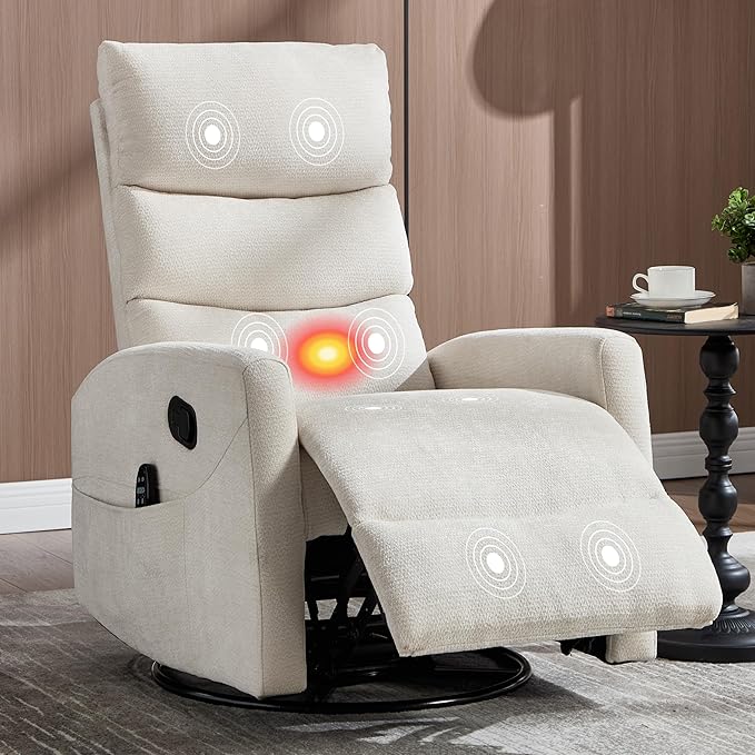 Manual Swivel Rocker Recliner Chair for Adults Overstuffed Glider Chair for Nursing with Vibration Massage &amp Heat Living Room Rocking Recliner 3-Stage backrest Chenille Fabric Beige