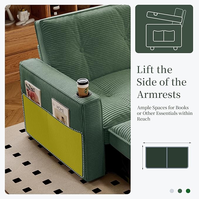 73.2 inch 2-in-1 Convertible Sofa Bed with Cup Holder | Space-Saving Sleeper for Small Apartments Dorms &amp Offices | Guest Ready in Seconds(Green+Corduroy)
