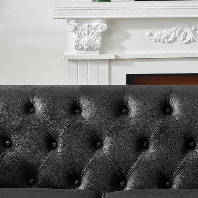 Mid Century Modern Faux Leather Couch 83 Chesterfield Sofa Tufted Loveseat Sofa w/Nailhead Trim Rolled Arms Comfy Upholstered Deep Seating Settee Love Seat for Living Room Office(Black 3 Seater)