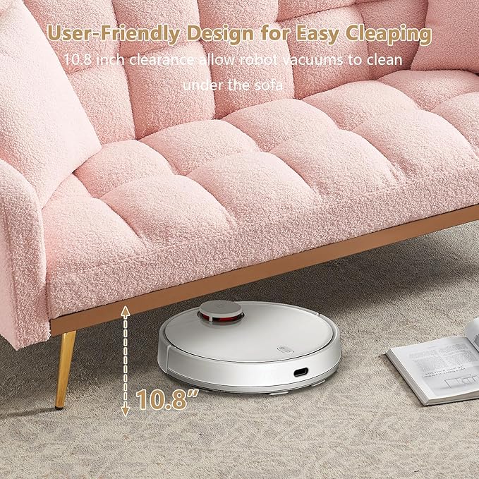 Teddy Futon Sofa Bed69 Modern Small Love Seat Couch for Small SpacesConvertible Tufted Sleeper Sofa Loveseat Couch Bed with Gold Metal Legs for Living RoomBedroomApartment (Teddy Pink)