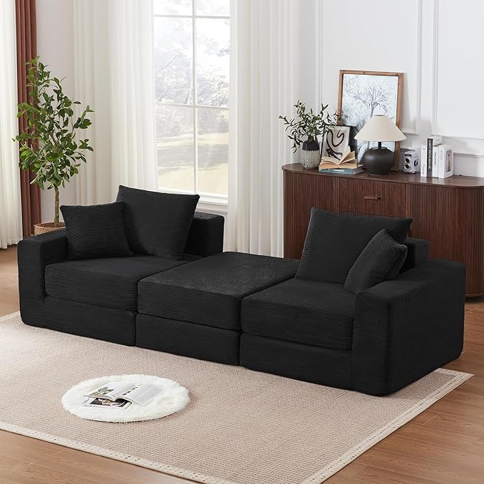 Modular Sectional Sofa with Convertible Sleeper Corduroy Fabric 2-in-1 Couch Bed with Reversible Chaise Adjustable Modular Sofas for Living Room Black
