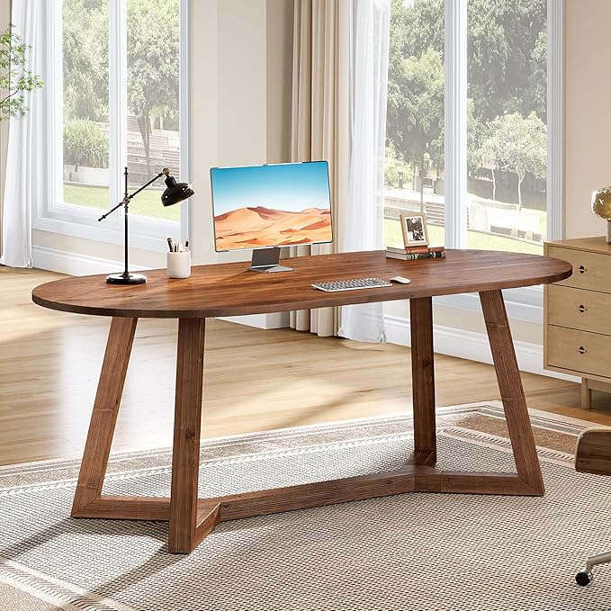 63-Inch Solid Wood Home Office Desk Oval Executive Desk with Sturdy Tapered Legs Farmhouse Computer Writing Table for Office Study Room Workstation (Brown)
