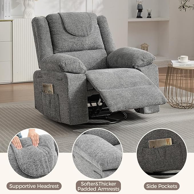 Oversized Swivel Rocking Recliner Chair for Adults 360° Swivel Glider Nursery Chair with Vibration Massage &amp Heat Comfortable Single Sofa for Living Room Bedroom Gray