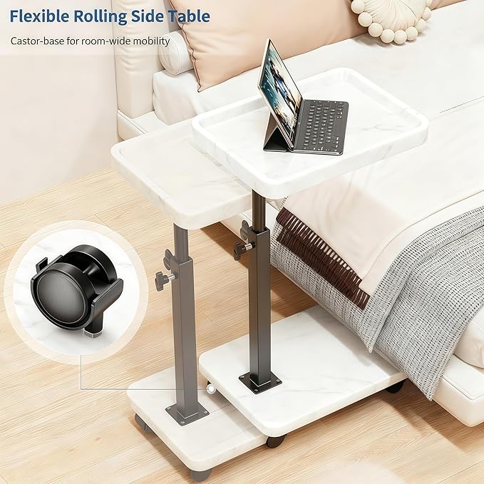 C Table End Table Adjustable Height 360°Swivel TV Tray Table for Small Spaces Side Tables with Wheels for Living Room and Bedroom Bed (White)
