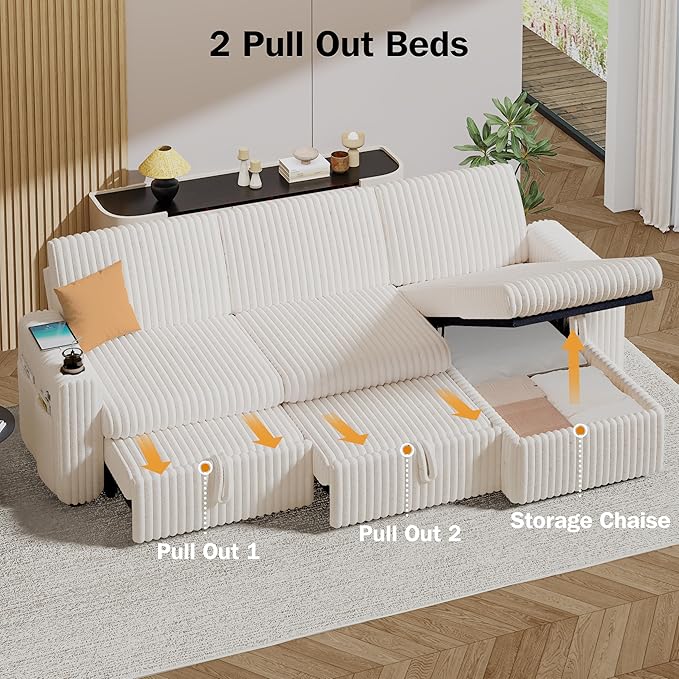 Sunny Heart 101 Plush Corduroy L Shaped Sectional Sleeper Sofa Bed with Pull Out Bed Reclining Backrest Reversible Storage Chaise USB Ports Cup Holders Tool Free Assembly Beige