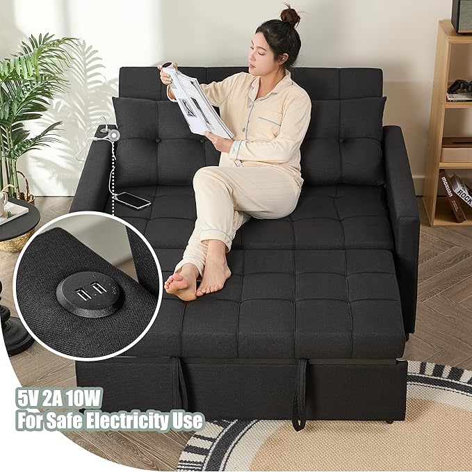 52 Sleeper Sofa with Pull-Out Bed 3-in-1 Convertible Sofa Bed Set of Loveseat with Stepless Adjustable Backrest and Side Pocket for Living Room Dorm Apartment Linen Black